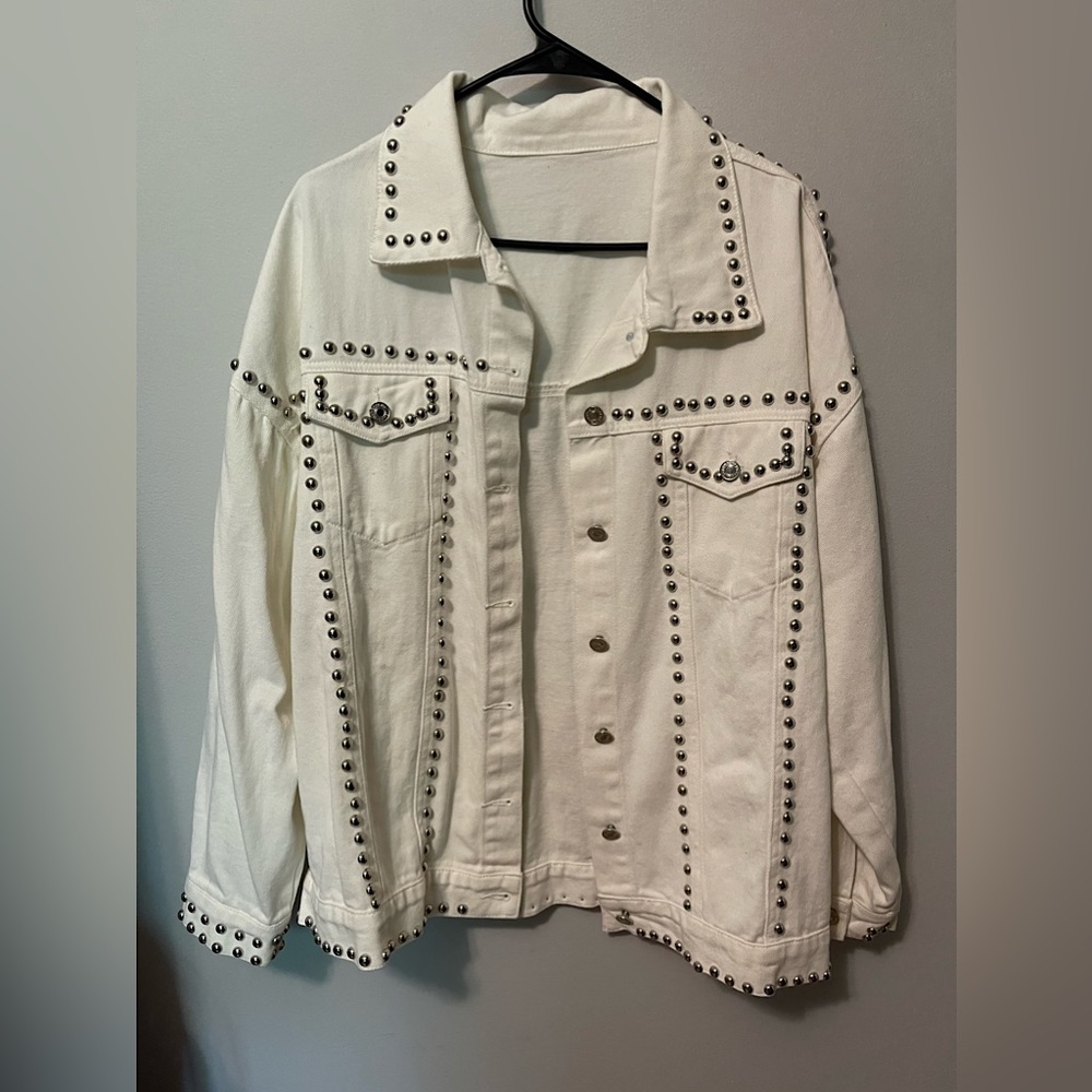 White Studded Flap Pocket Denim Jacket